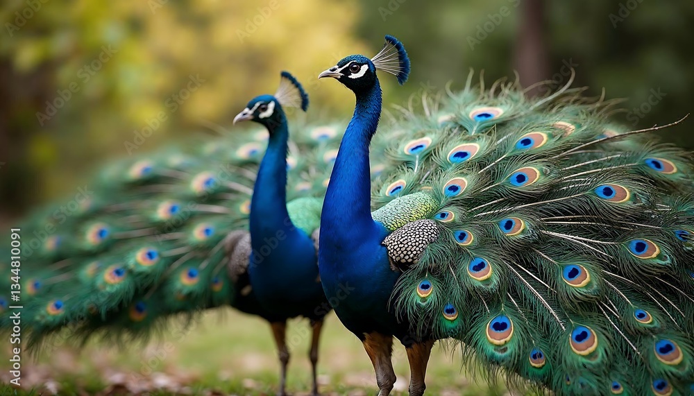 Obraz premium Two Peacocks Displaying Majestic Tail Feathers Outdoors