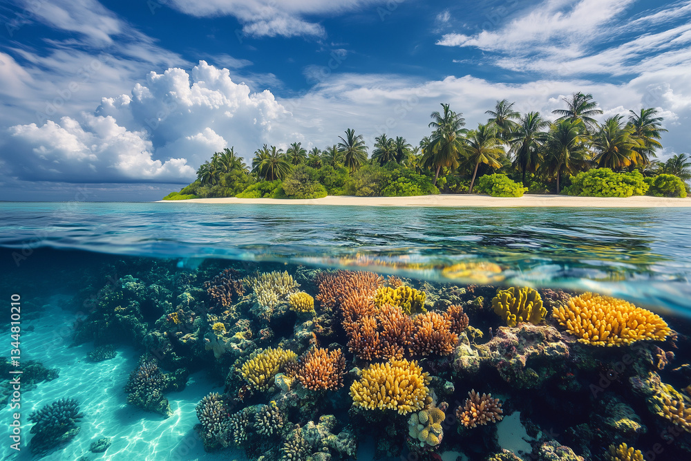 Fototapeta premium Stunning tropical island with crystal-clear waters and coral reef