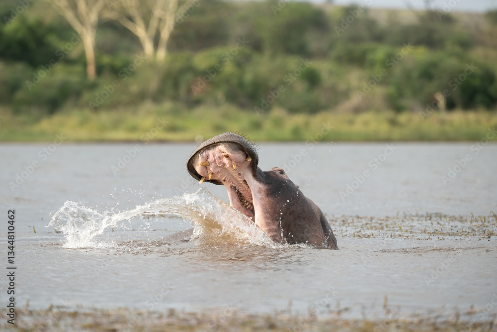 Fototapeta premium Hippopotamus (Hippopotamus amphibius). Dominant Bull Splashing in the Water. River Habitat. Aggressive Display in Territorial Fight.