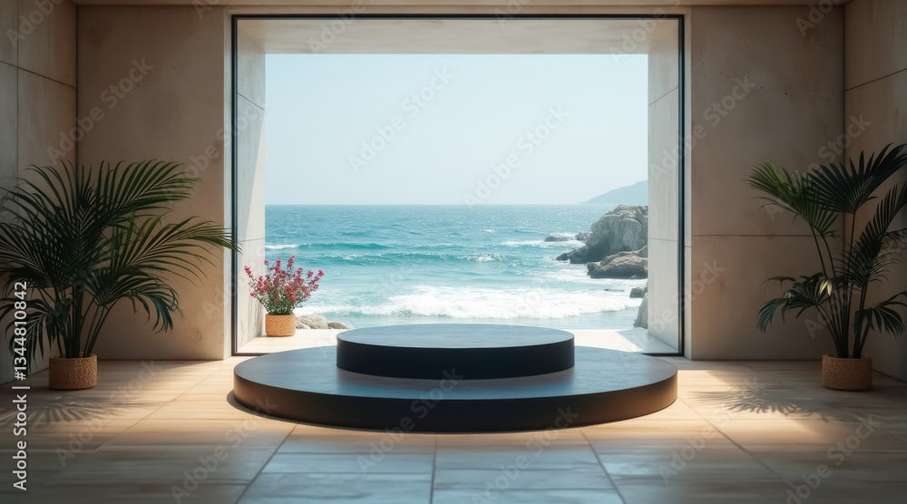 Fototapeta premium two circular platforms by ocean view window