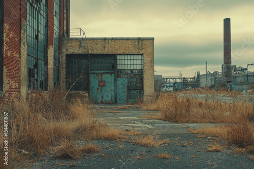 Abandoned industrial site with overgrown vegetation and cloudy sky revealing remnants of a forgotten era in a desolate landscape