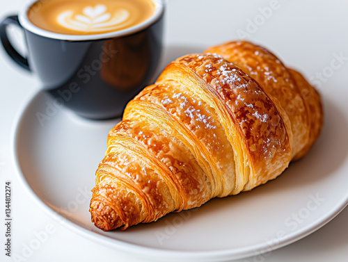 Delicious freshly baked golden croissant with icing sugar on a white plate next to a cappuccino cup, perfect for a tasty breakfast