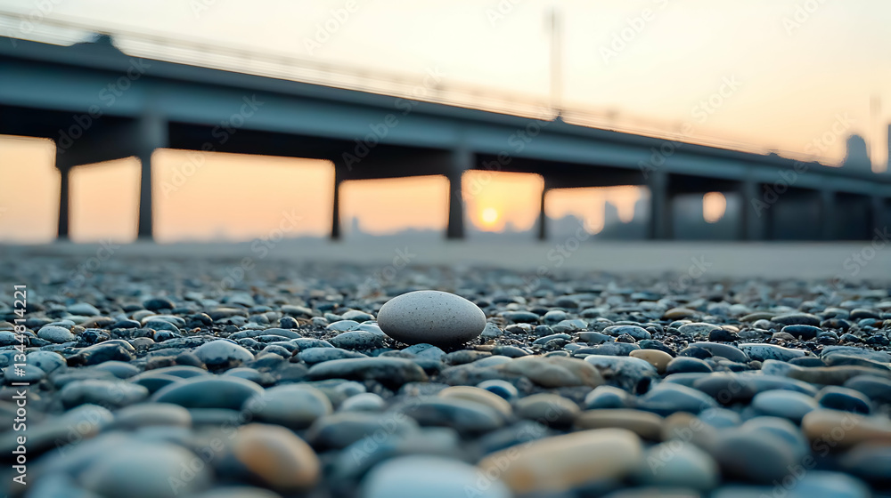 Obraz premium Pebbles On Beach At Sunset With Bridge And City Silhouette In Background