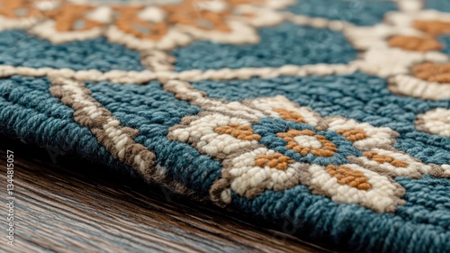 Teal Blue Geometric Rug with Floral Pattern Detail