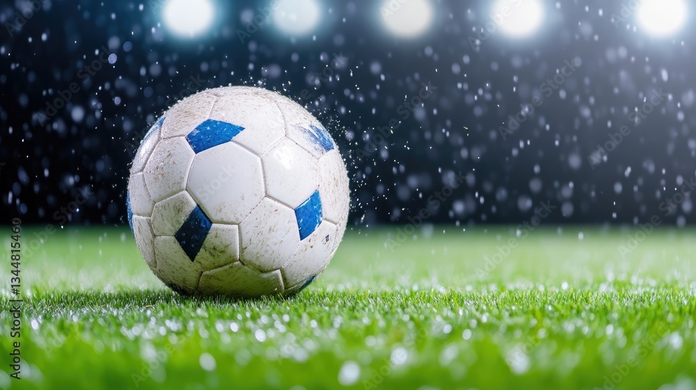 Fototapeta premium Soccer ball on a wet field under stadium lights during a rain shower