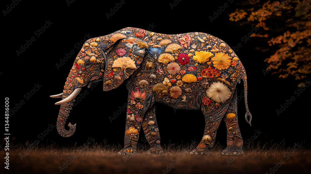 Elephant adorned with nature's elements