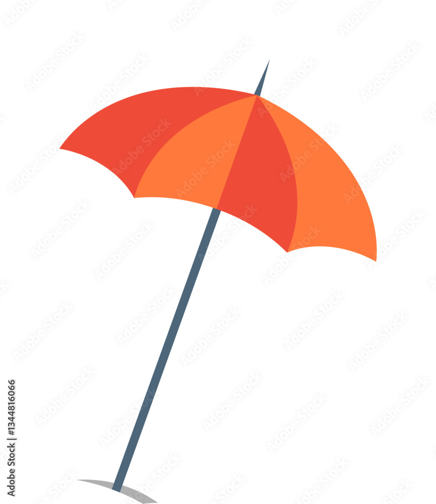 Obraz premium A vibrant red and orange beach umbrella stands pitched at an angle, providing shade, set against a white background. Ideal for summer themes, outdoor activities, beach relaxation, vacation