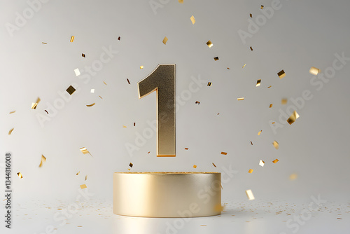 Wallpaper Mural Golden number 1 is flying with golden confetti, gifts, mirror ball and stars balloons on a beige background with bokeh lights and sparks, creative idea. Winner and first place, concept. Torontodigital.ca