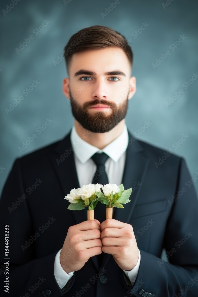 Young caucasian male holding white flowers in a formal suit against a gray background Young caucasian male holding white flowers in a formal suit against a gray background