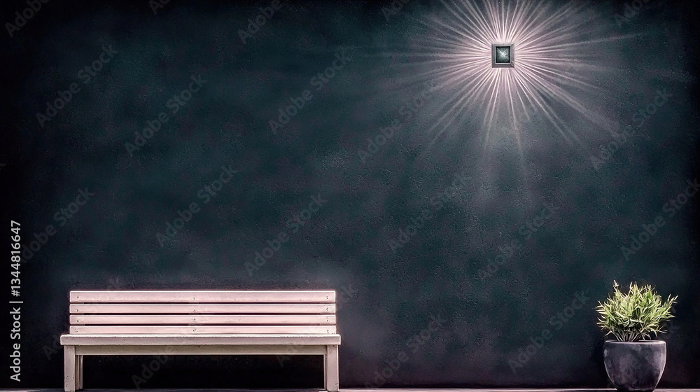 Empty bench, dark wall, light fixture