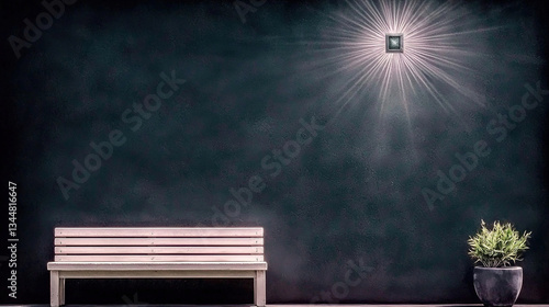 Obraz na płótnie Empty bench, dark wall, light fixture w salonie