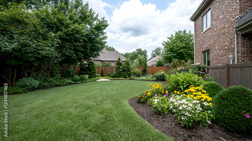 Green Backyard Garden with Flowering Plants Lawn and Clear Blue Sky in Daylight