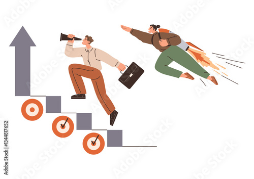 Businessman climbing up arrow steps with a telescope, alongside a rocket propelling colleague. Ideal for teamwork, success, progress, motivation, leadership, innovation productivity. Flat color icon