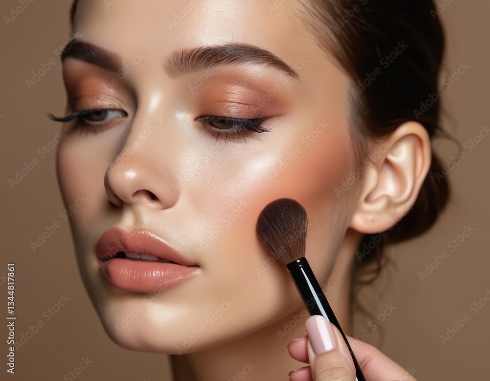 Brush applying foundation on woman face. Girl model with stylish make-up. Fashion cosmetic skin care product. Glamour visage closeup. Beauty salon artist applies blush on cheekbones with brush. Brush applying foundation on woman face. Girl model with stylish make-up. Fashion cosmetic skin care product. Glamour visage closeup. Beauty salon artist applies blush on cheekbones with brush.