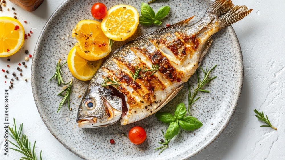 Grilled fish dish with lemon, herbs, and vegetables on a plate Grilled fish dish with lemon, herbs, and vegetables on a plate