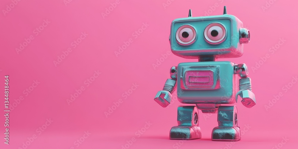 A small metallic robot standing still on a vibrant pink surface A small metallic robot standing still on a vibrant pink surface