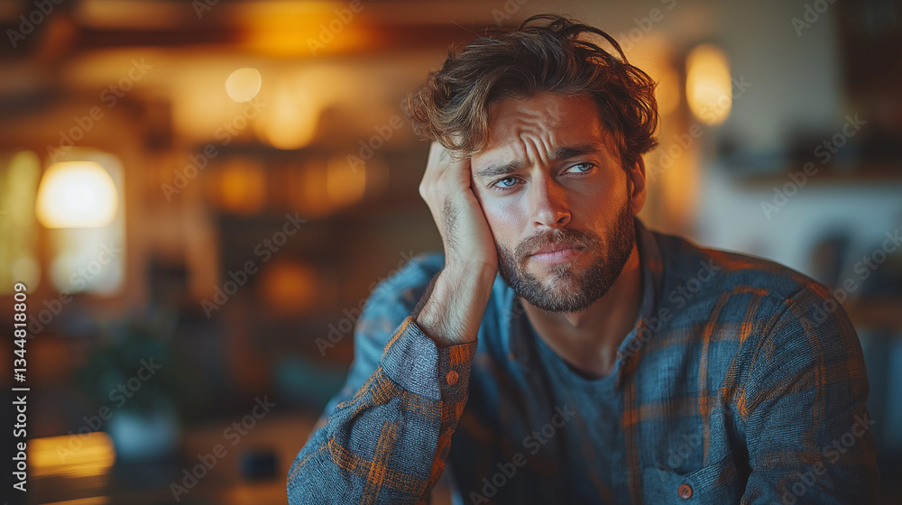 Man in living room expressing discomfort while reflecting on personal challenges in the late afternoon light Man in living room expressing discomfort while reflecting on personal challenges in the late afternoon light