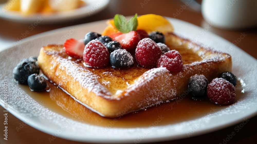 Delicious french toast with berries and syrup on plate Delicious french toast with berries and syrup on plate