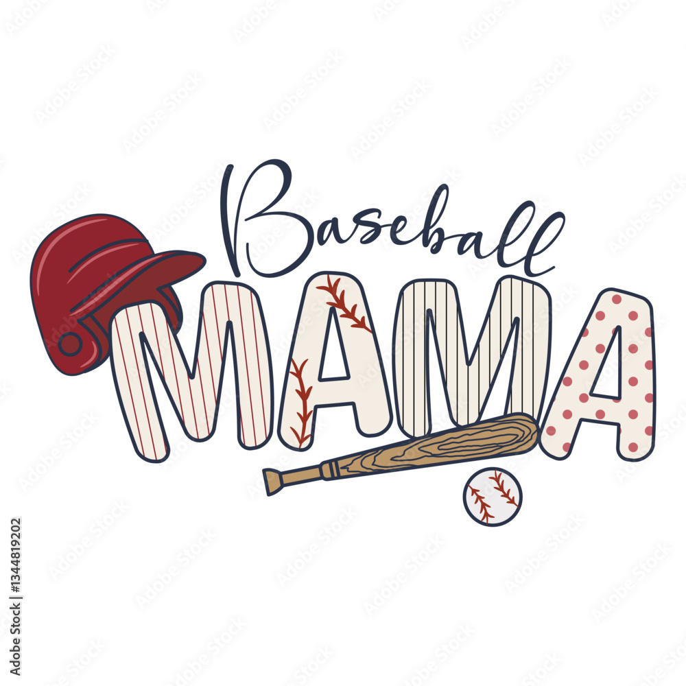 Obraz premium Baseball mama quote retro typography with cap, ball and bat t-shirt sublimation design