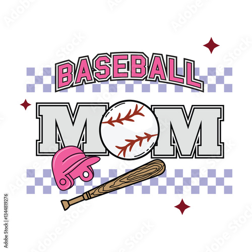 Baseball mom quote retro typography with cap, ball and bat t-shirt sublimation design