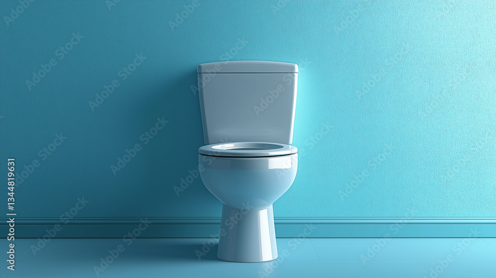 Experience the tranquility of a pristine restroom featuring a modern, gleaming toilet against a soothing blue backdrop Experience the tranquility of a pristine restroom featuring a modern, gleaming toilet against a soothing blue backdrop
