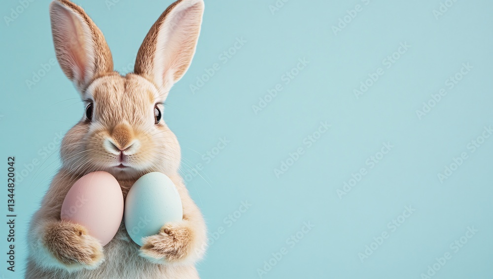 Fototapeta premium Cute Easter bunny holding pastel-colored Easter eggs on a light blue background, perfect for Easter-themed designs and decorations