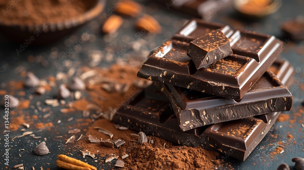 Dark chocolate bars cocoa powder on a rustic background moody lighting and copy space Dark chocolate bars cocoa powder on a rustic background moody lighting and copy space