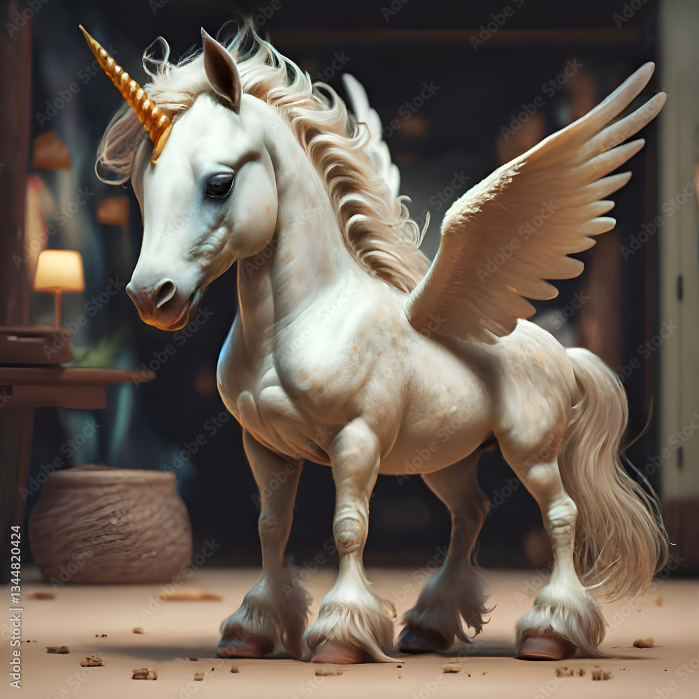 portrait of cutest adorable Unicorn baby with golden horn running against cozy home background. Digital artwork. Ai generated