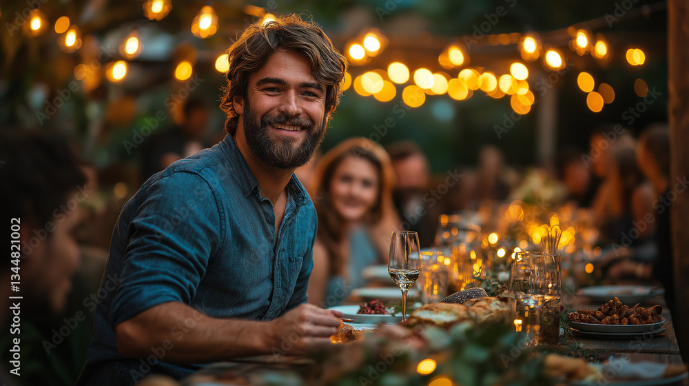 Fototapeta premium Evening gathering with string lights and a man sharing heartfelt words during a joyful celebration under the stars