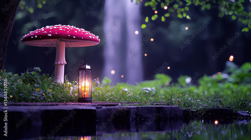 Fairy Tale Mushroom by a Stream