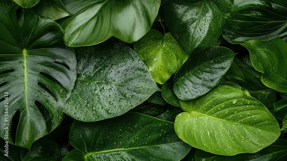 Fototapeta premium Lush Green Tropical Leaves with Water Droplets