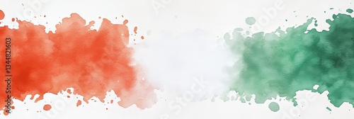 An abstract watercolor background featuring a gradient of orange, white, and green splashes, resembling an artistic representation