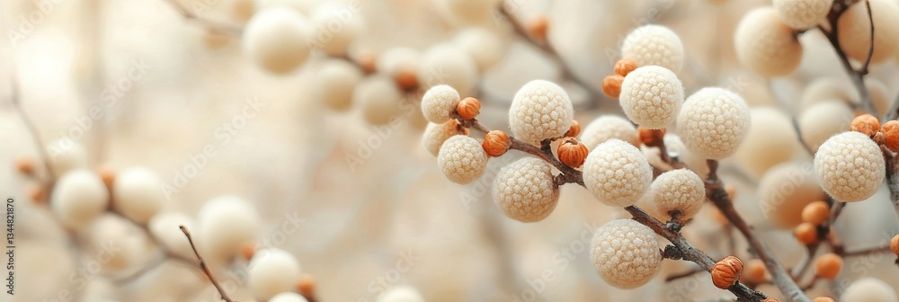 Fototapeta premium A close-up view of soft, blurred natural bokeh featuring round, textured white berries on branches with a light background