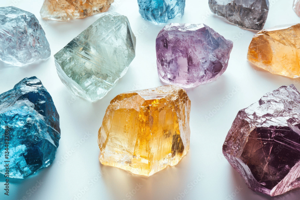 Vibrant collection of raw gemstones displaying a spectrum of colors on a soft white background illuminated by bright natural light Vibrant collection of raw gemstones displaying a spectrum of colors on a soft white background illuminated by bright natural light