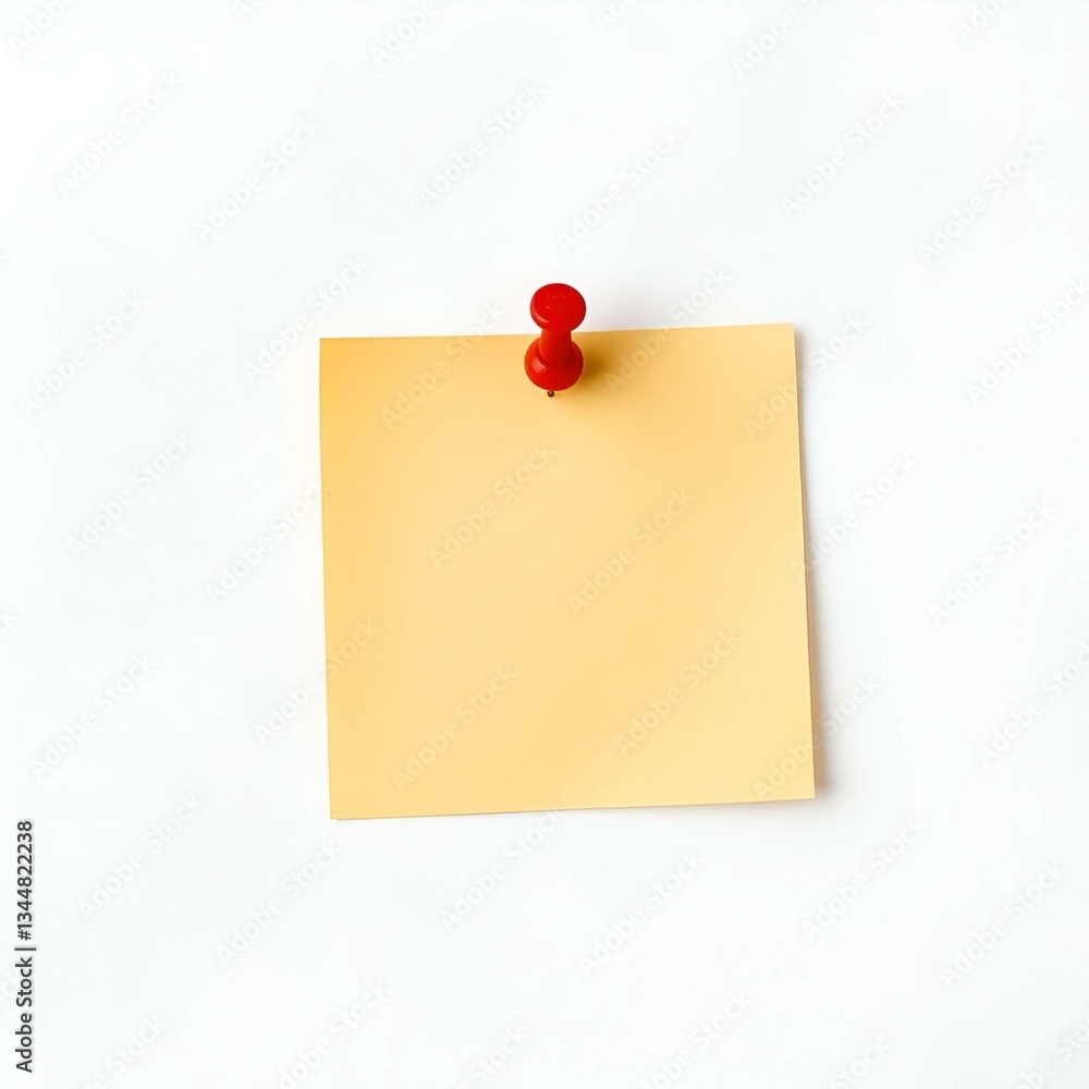 Blank yellow sticky note with red push pin on white background – minimalist office stationery
Blank yellow sticky note with red push pin on white background – minimalist office stationery