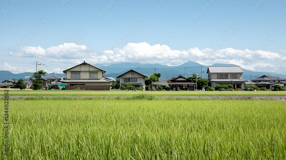 Vibrant Green Field Of Crops With Row Of Houses And Mountain Background Under Blue Sky Vibrant Green Field Of Crops With Row Of Houses And Mountain Background Under Blue Sky