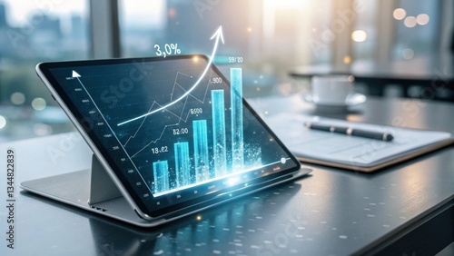 a modern tablet displays business growth data. The tablet rests on a sleek surface, accompanied by a cup and a pen