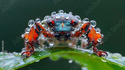 Detailed Close-Up of a Small Colorful Beetle on a Leaf with Dew Droplets in Nature Habitat photo