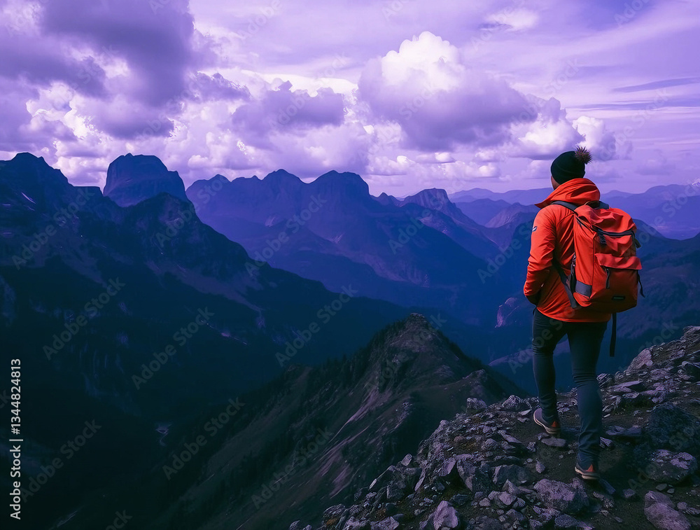 Fototapeta premium Person hiking rocky mountain peak is wearing orange Climber back