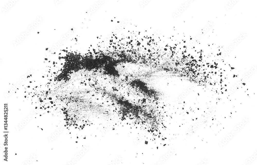 Black coal dust with effect fragments explosion isolated on a white background, top view. Wooden charcoal bits explosion. Black coal dust with effect fragments explosion isolated on a white background, top view. Wooden charcoal bits explosion.