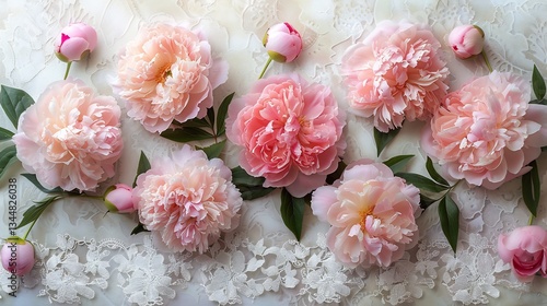 Fototapeta Naklejka Na Ścianę i Meble -  Delicate white lace texture overlaying soft pink peonies timeless romantic background ample space