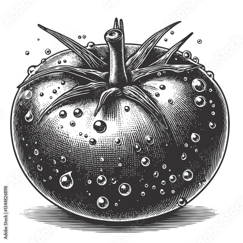 A vibrant close-up of a red tomato with water droplets, highlighting its freshness and appealing texture