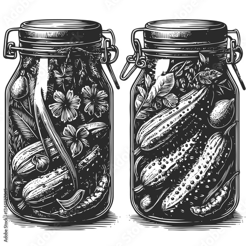 Classic hand-drawn pickled vegetable jar in vintage engraving style