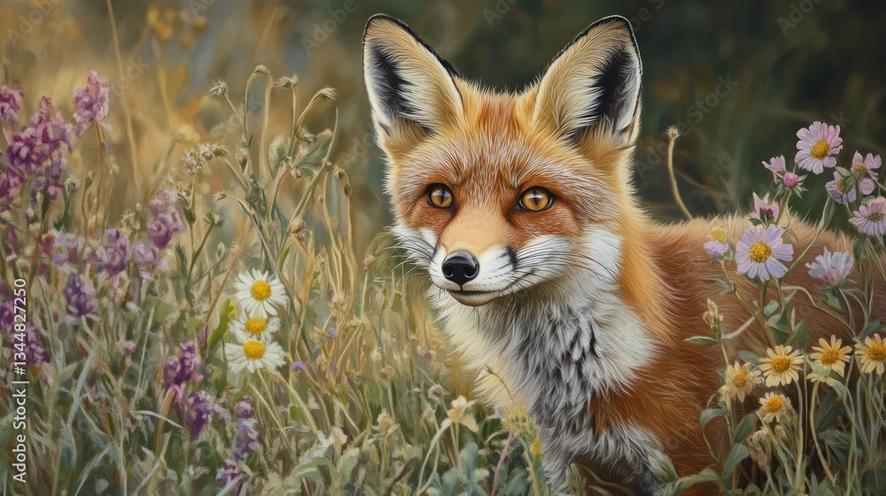 Fototapeta premium Red Fox in Wildflower Meadow Sunset.