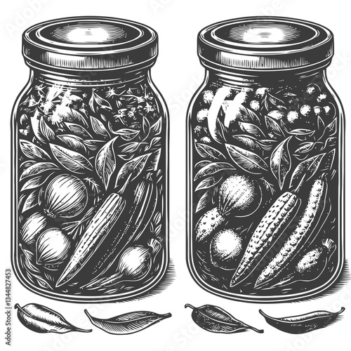 Rustic hand-drawn jar showcasing pickled vegetables with intricate design