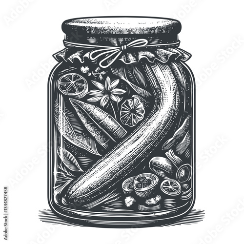 Detailed hand-drawn depiction of a glass jar with pickled vegetables