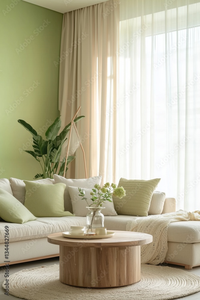 A serene modern living room with Lime Cream accents, featuring a beige sofa with Lime Cream cushions, a Scandinavian-style wooden coffee table, sheer curtains, potted plants, and metallic gold decor a A serene modern living room with Lime Cream accents, featuring a beige sofa with Lime Cream cushions, a Scandinavian-style wooden coffee table, sheer curtains, potted plants, and metallic gold decor a