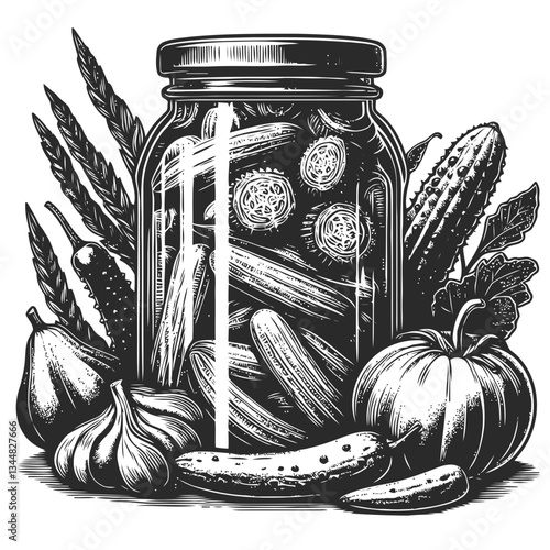 Illustration of an old-style glass jar with pickled vegetables