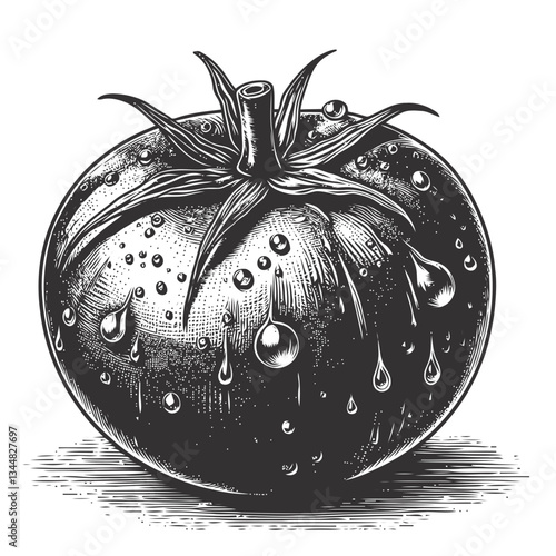 Close-up of a fresh tomato with glistening water droplets, emphasizing its vibrant color and organic appeal