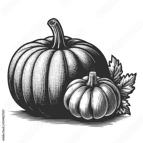 Engraved illustration of a pumpkin with a garlic bulb together